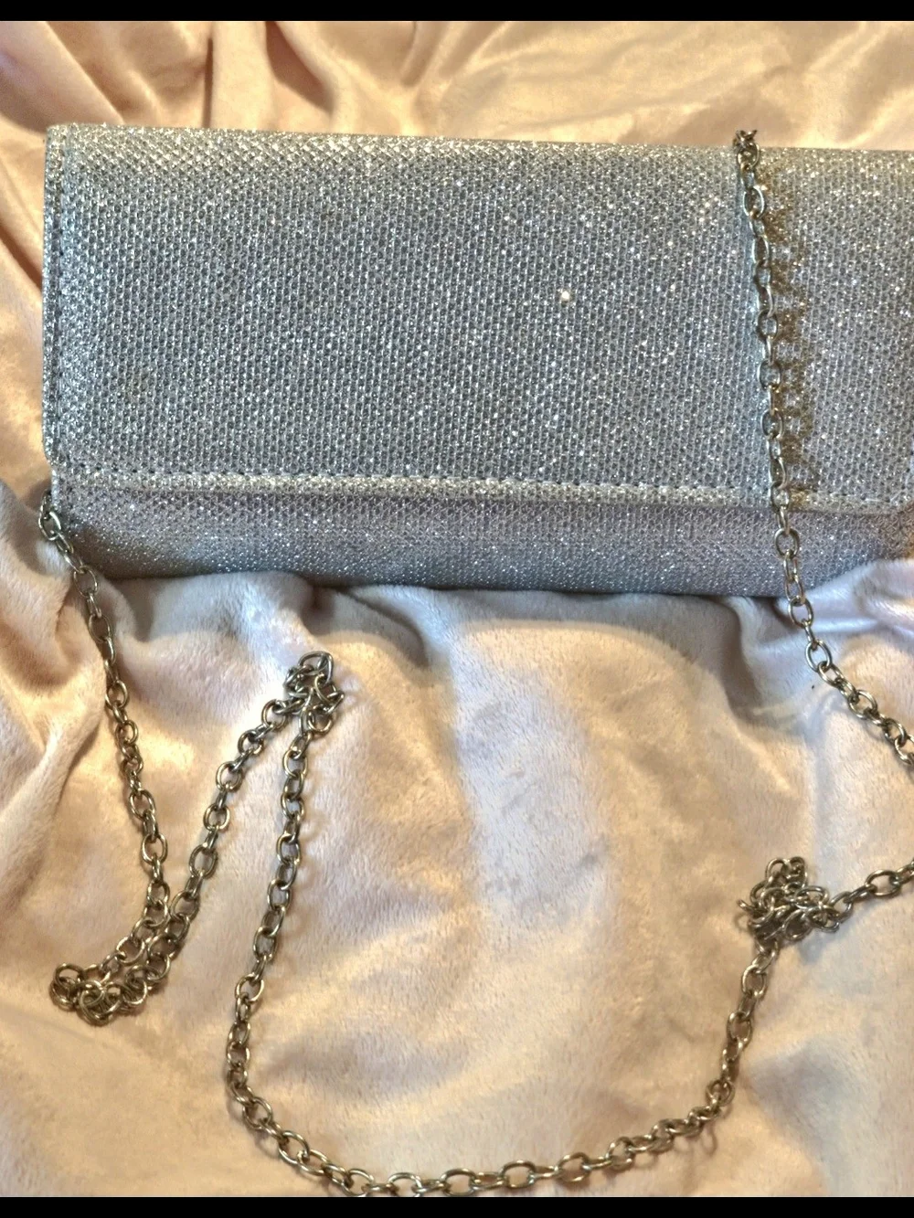 Silver Glitter Evening Clutch with Chain Strap